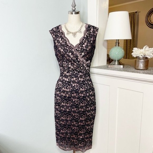 Tahari Lace V Neck Sheath Dress Black & Pink Rose Gold 2 XS - Picture 3 of 11